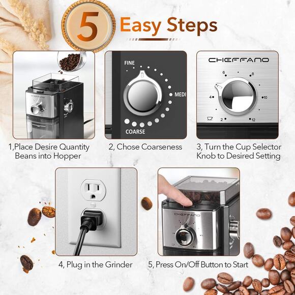 CHEFFANO BG701 Burr Coffee Grinder, Electric Coffee Bean Grinder (Black) - New - Picture 3 of 8